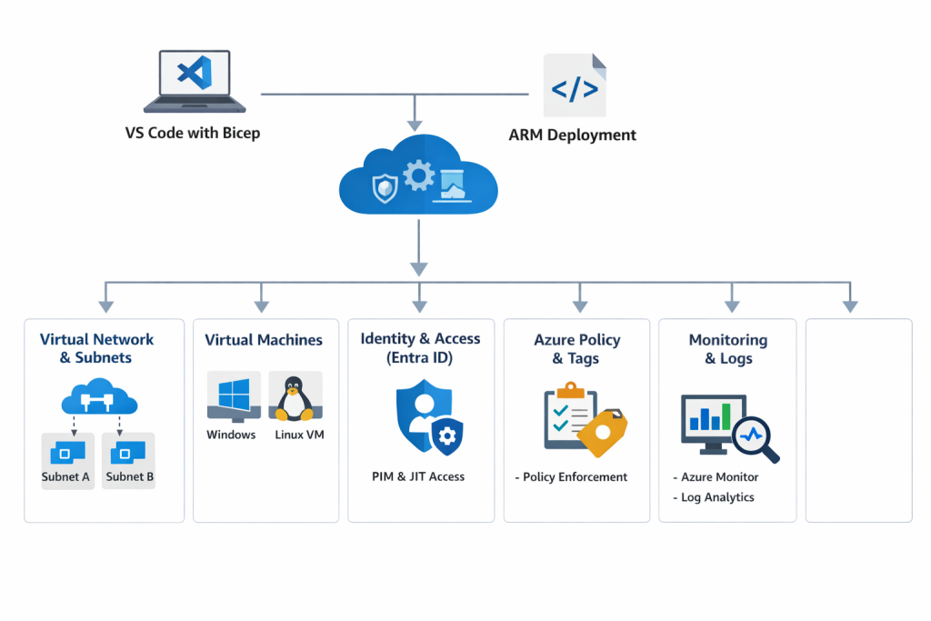Architecture diagram of the Azure environment provisioned with Bicep: virtual network, subnets, virtual machines, and supporting services