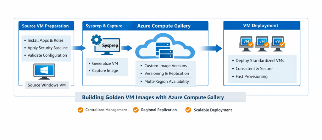 Diagram of the Azure Compute Gallery workflow: source VM captured into an image definition with versions deployed to new VMs