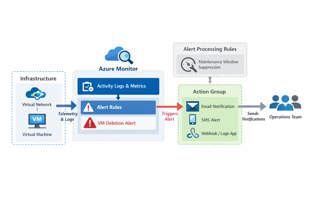 Architecture diagram of the Azure Monitor alerting flow: resources emit telemetry that feeds alert rules, action groups, and processing rules