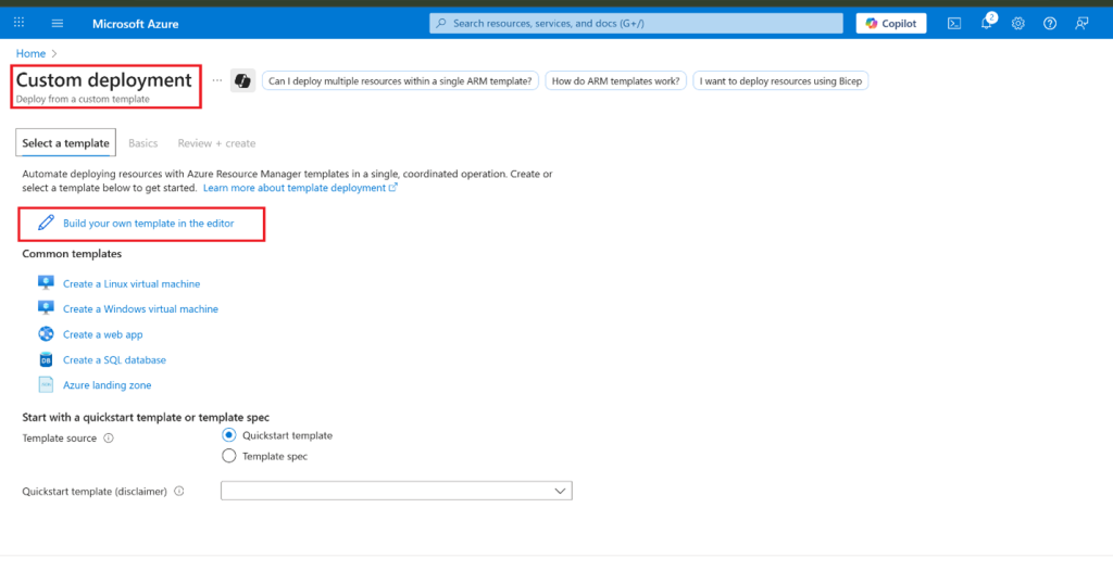 Screenshot: Locate and select the ARM template.json file, then select Open and Save
