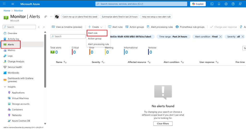 Screenshot: Select Create + and select Alert rule