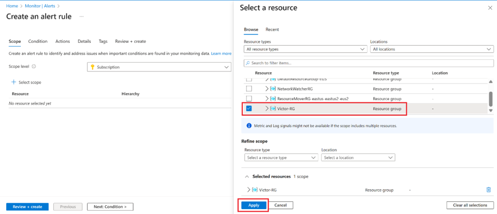 Screenshot: Select the box for the subscription, then select Apply. This alert will apply to any virtual machines in the subscription.