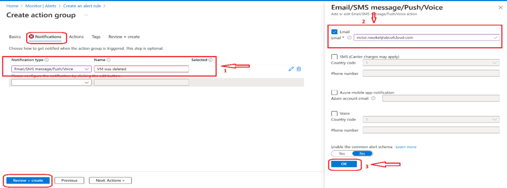 Screenshot: Select Email, and in the Email box, enter your email address, and then select OK