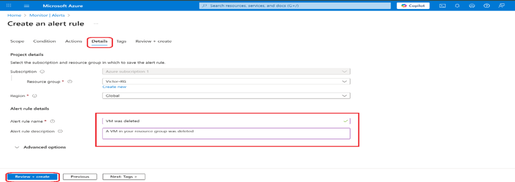 Screenshot: Once the action group is created, move to the Next: Details tab and enter the values for each setting