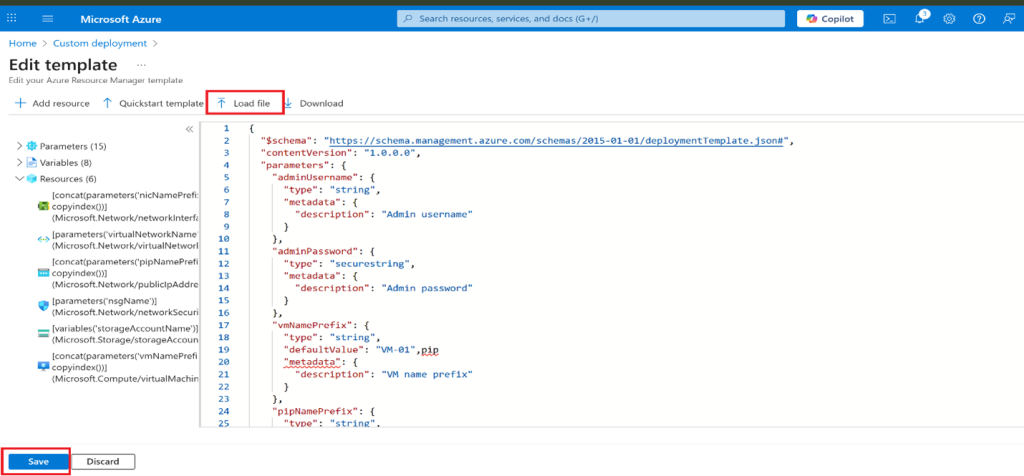 Screenshot: Locate and select the ARM template.json file, then select Open and Save (screenshot 2)