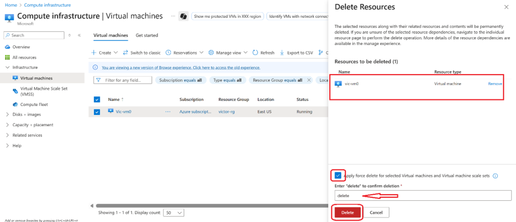 Screenshot: Check the box for Apply force delete. Check the box at the bottom confirming that you want the resources to be deleted.