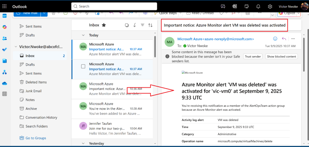 Screenshot: You should receive a notification email that reads, Important notice: Azure Monitor alert VM was deleted was activated.
