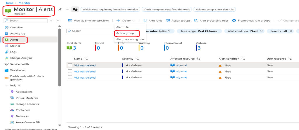 Screenshot: Continue in the Alerts blade, select Alert processing rules, and then + Create