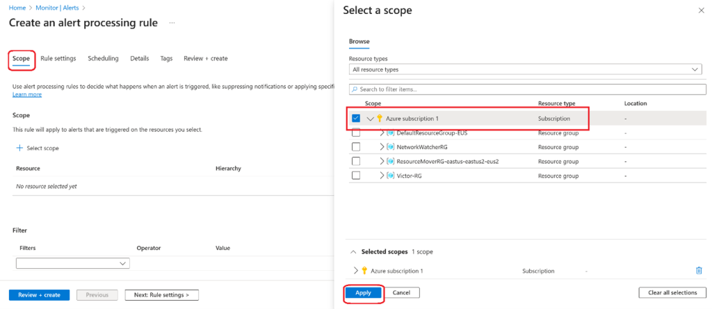 Screenshot: Select your Subscription, then select Apply