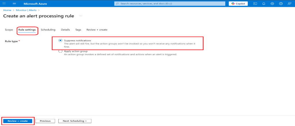 Screenshot: Select Review + Create to validate your input, then select Create