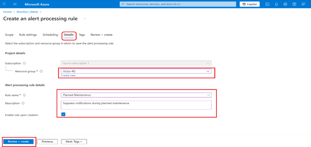Screenshot: Select Review + Create to validate your input, then select Create (screenshot 3)