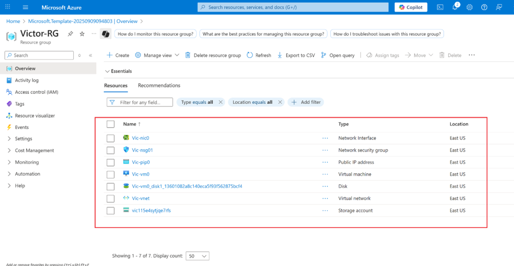 Screenshot: Review what resources were deployed. There should be one virtual network with one virtual machine
