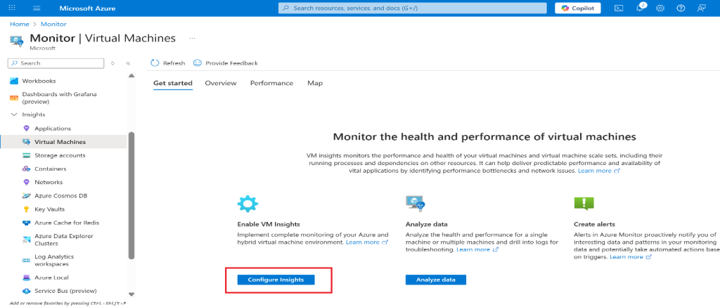 Screenshot: Select View in the VM Insights box, and then select Configure Insights (screenshot 2)