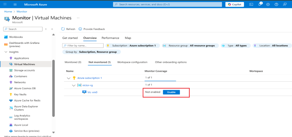 Screenshot: Select Enable next to your virtual machine and then Enable on the Azure Monitor - Insights Onboarding