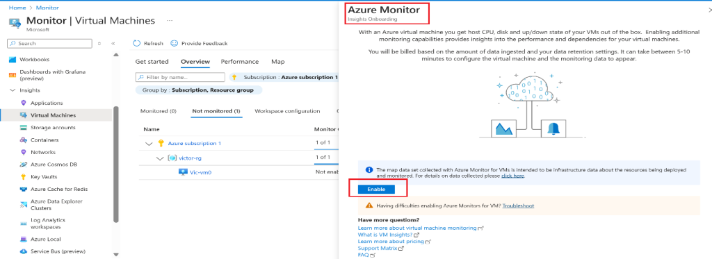 Screenshot: Select Enable next to your virtual machine and then Enable on the Azure Monitor - Insights Onboarding (screenshot 2)