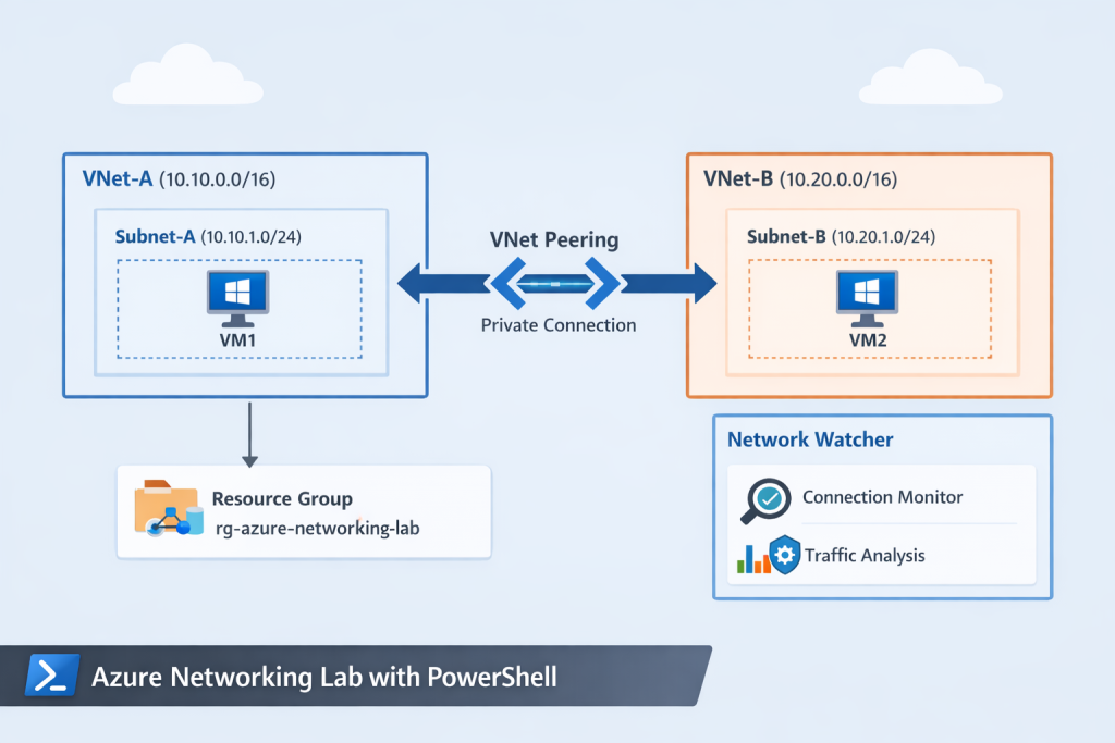 Diagram of the lab environment: two peered Azure virtual networks with virtual machines managed through PowerShell