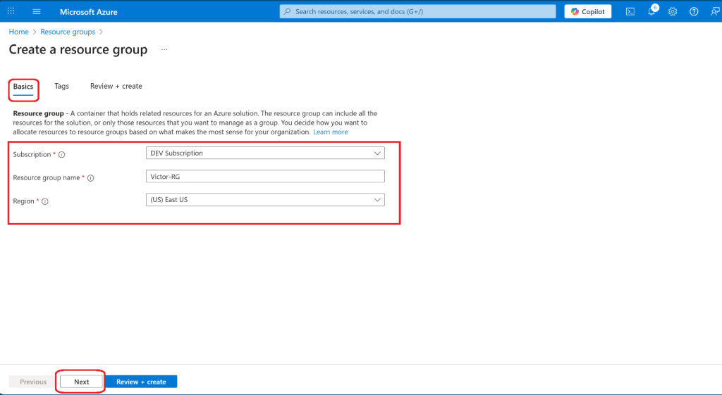 Screenshot: Tags tab of the Create a resource group page with the cost center tag name and value entered