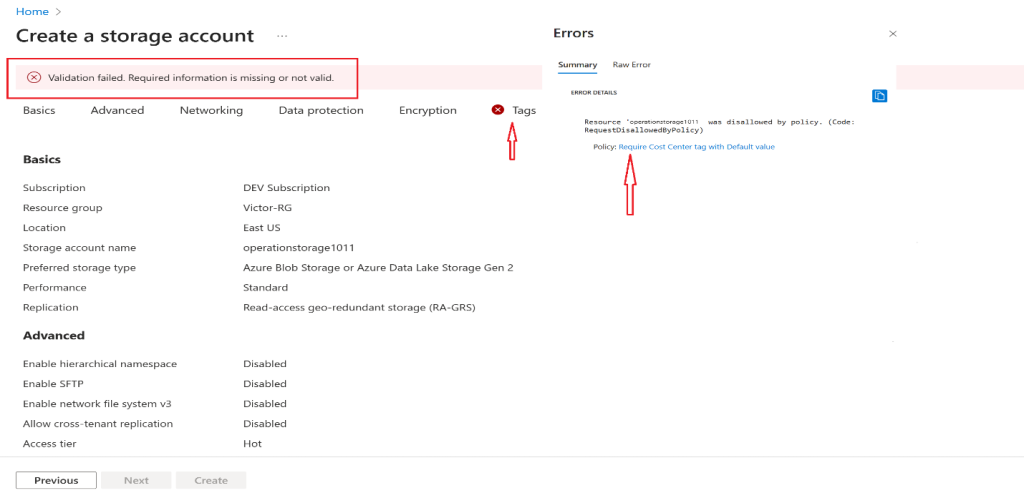 Screenshot: You should receive a "Validation failed" message. View the message to identify the reason for the failure