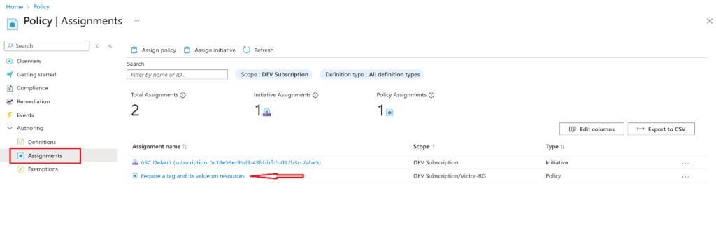 Screenshot: In the list of assignments, click the ellipsis icon in the row representing the "Require a tag and its value on resources" policy assignment