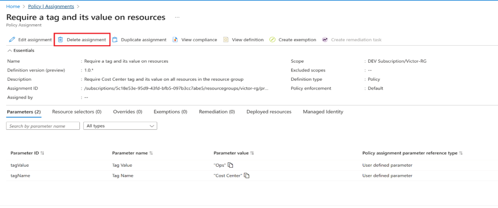 Screenshot: In the list of assignments, click the ellipsis icon in the row representing the "Require a tag and its value on resources" policy assignment (screenshot 2)