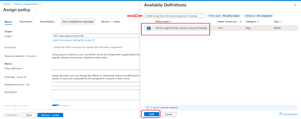 Screenshot: Select Add and then configure the remaining Basics properties of the assignment