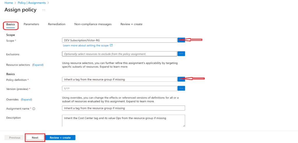 Screenshot: Policy assignment Parameters tab with the Tag Name field set