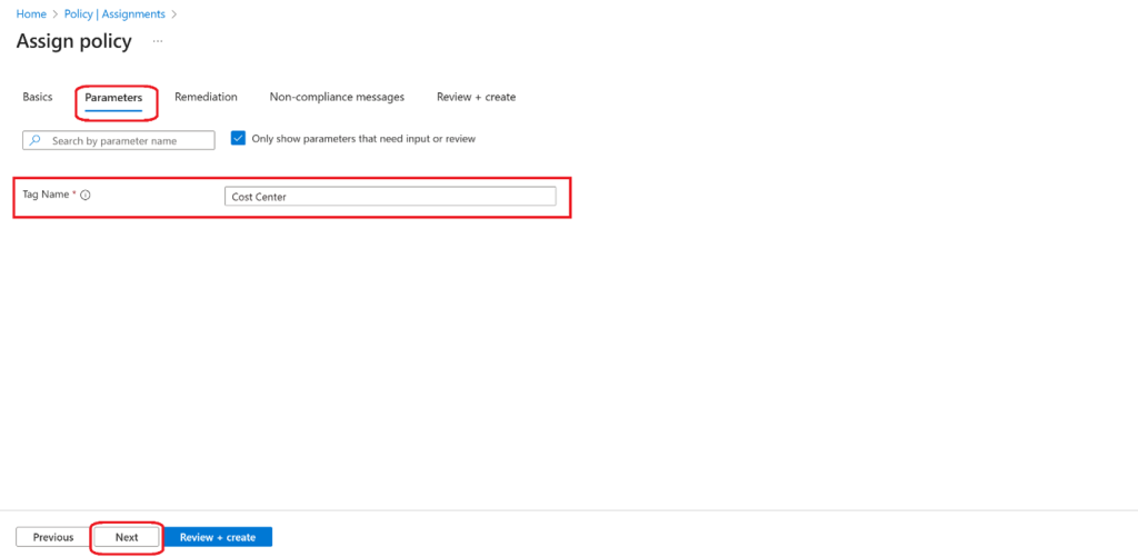 Screenshot: Policy assignment Parameters tab showing the Tag Name and Tag Value fields (screenshot 2)