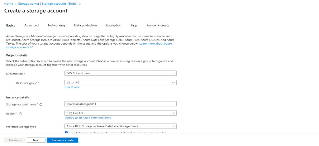 Screenshot: On the Basics tab of the Create storage account blade, verify that you are using the Resource Group that the policy was applied to