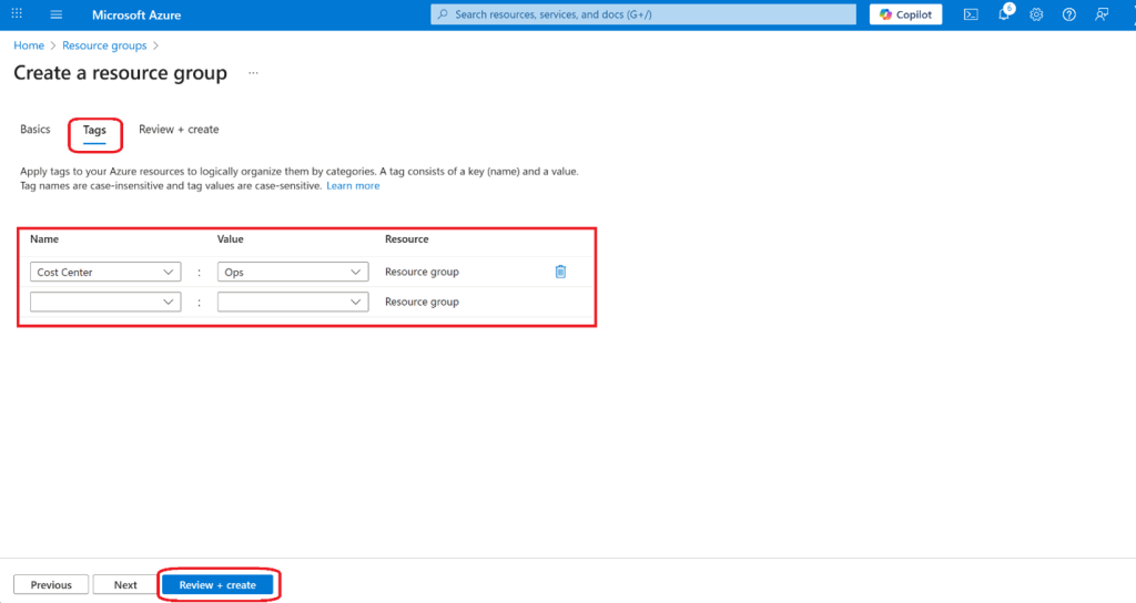 Screenshot: Review + Create tab of the Create a resource group page confirming the settings and tag (screenshot 2)