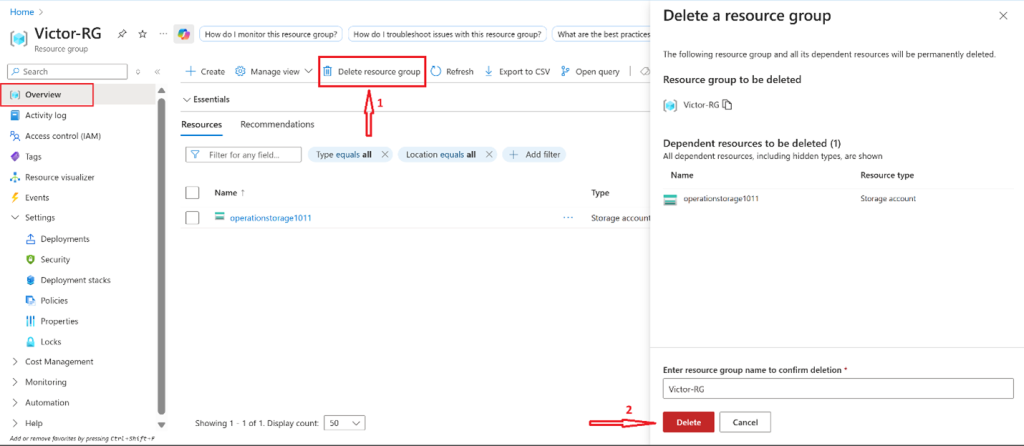 Screenshot: Notice the warning: Deleting this resource group and its dependent resources is a permanent action and cannot