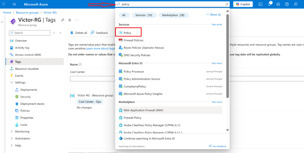 Screenshot: In the Azure portal, search for and select Policy