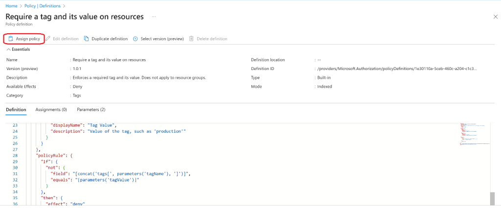 Screenshot: Select Assign policy (screenshot 2)
