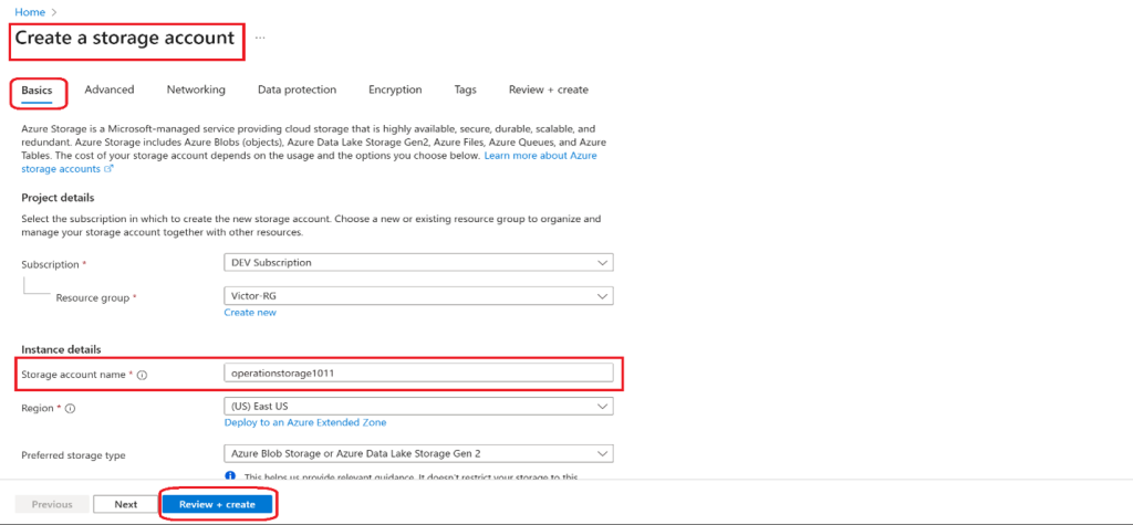 Screenshot: On the Basics tab of the Create storage account blade, complete the configuration. → Select Review and then Create