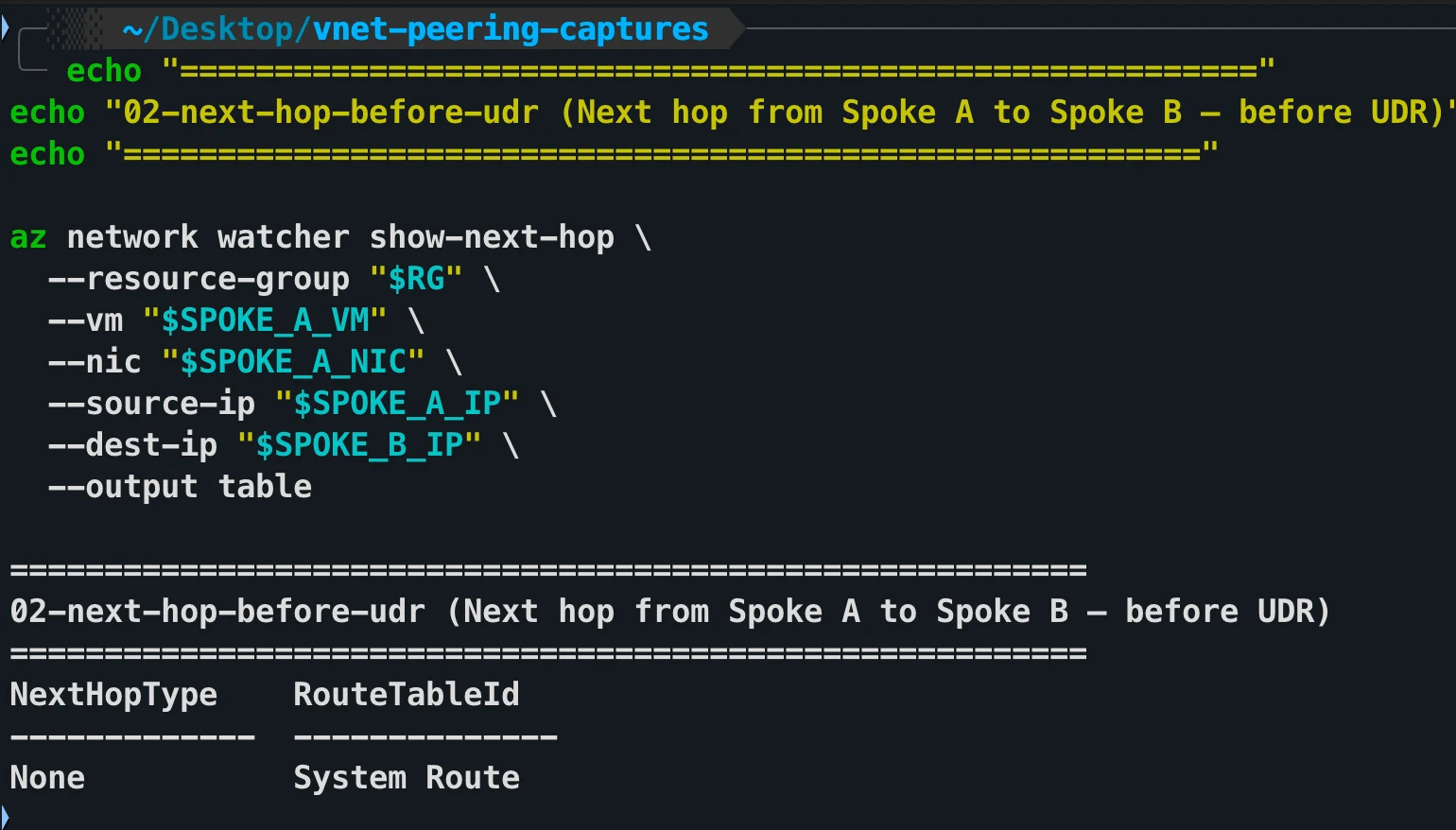 Azure Network Watcher next-hop output showing no next hop from Spoke A to Spoke B before adding a user-defined route