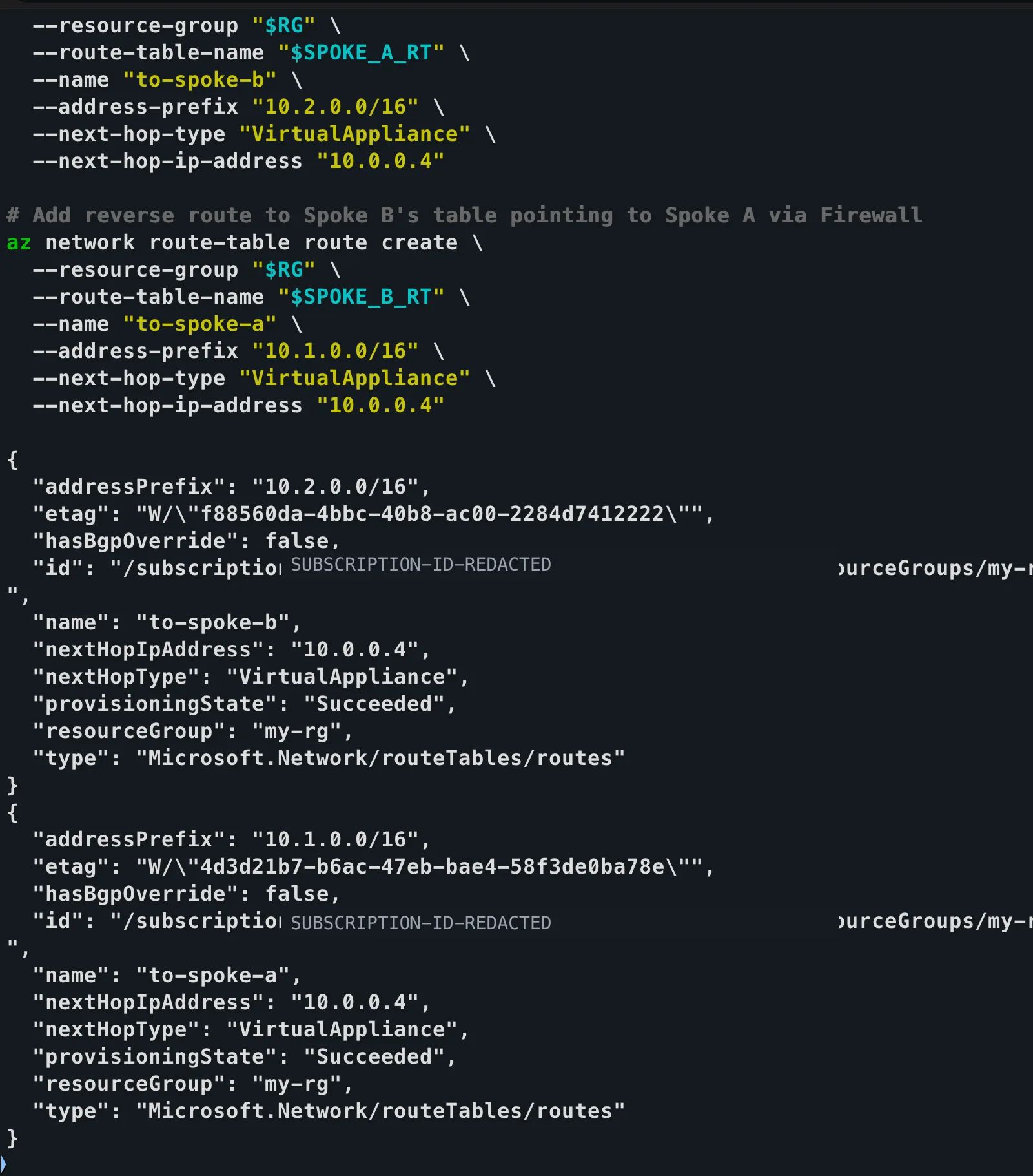 Azure CLI output showing symmetric Spoke A and Spoke B routes using VirtualAppliance with 10.0.0.4 as the next-hop IP