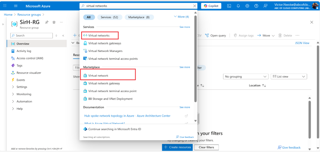 Screenshot: Subscription, Resource Group, VNet Name, Region