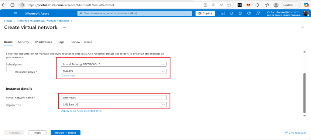 Screenshot: Subscription, Resource Group, VNet Name, Region (screenshot 2)