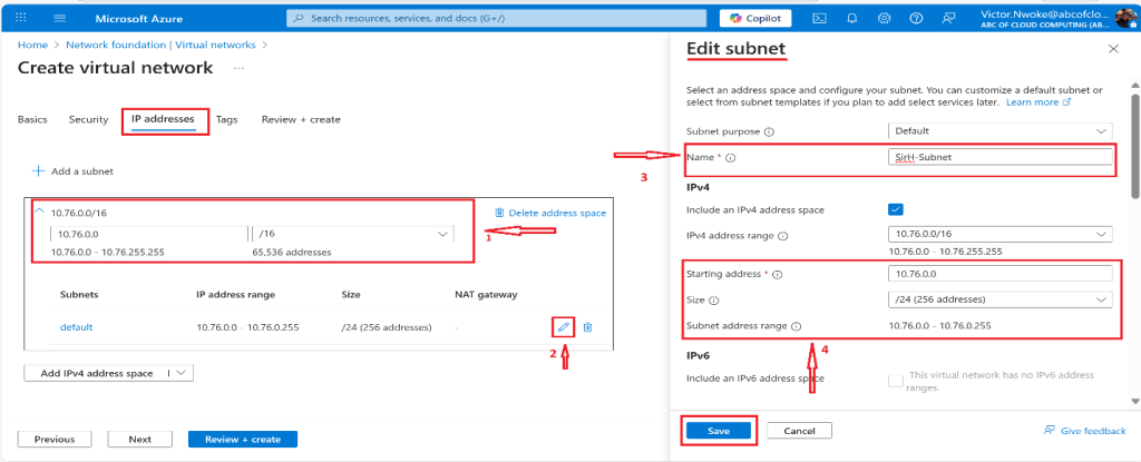 Screenshot: Select + Add a subnet or Edit Default Subnet. Complete the name and address information for each subnet