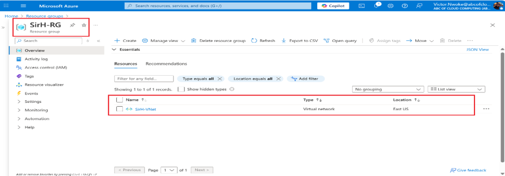 Screenshot: Azure VNet Tags tab with the Project tag set to Network-Foundation