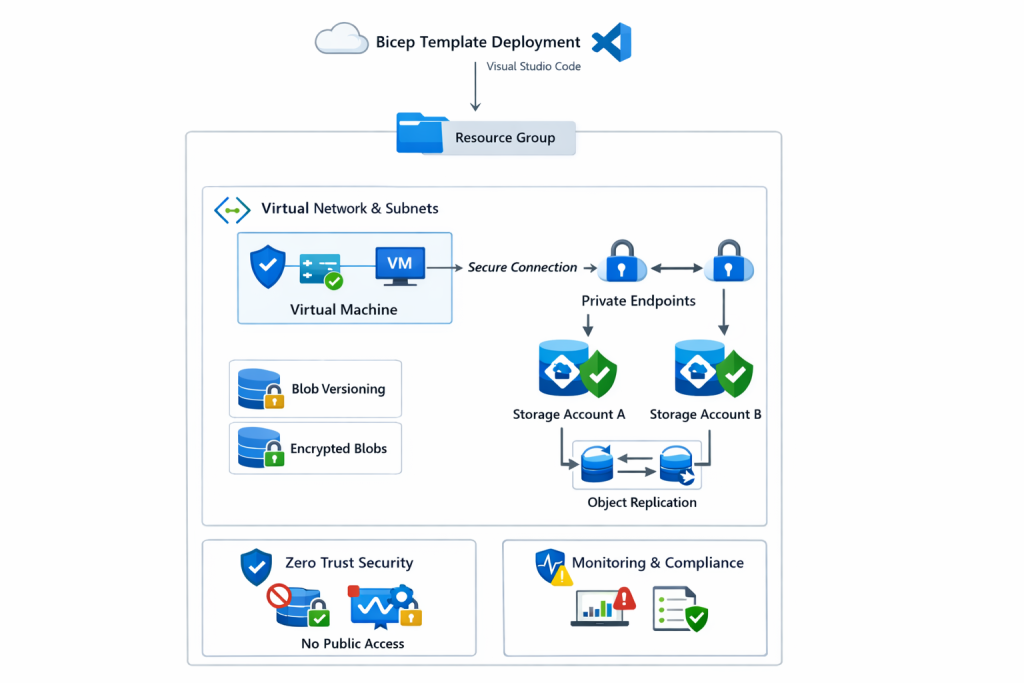 Architecture diagram of the secure Azure environment: virtual machines, private endpoints, and blob replication deployed with Bicep