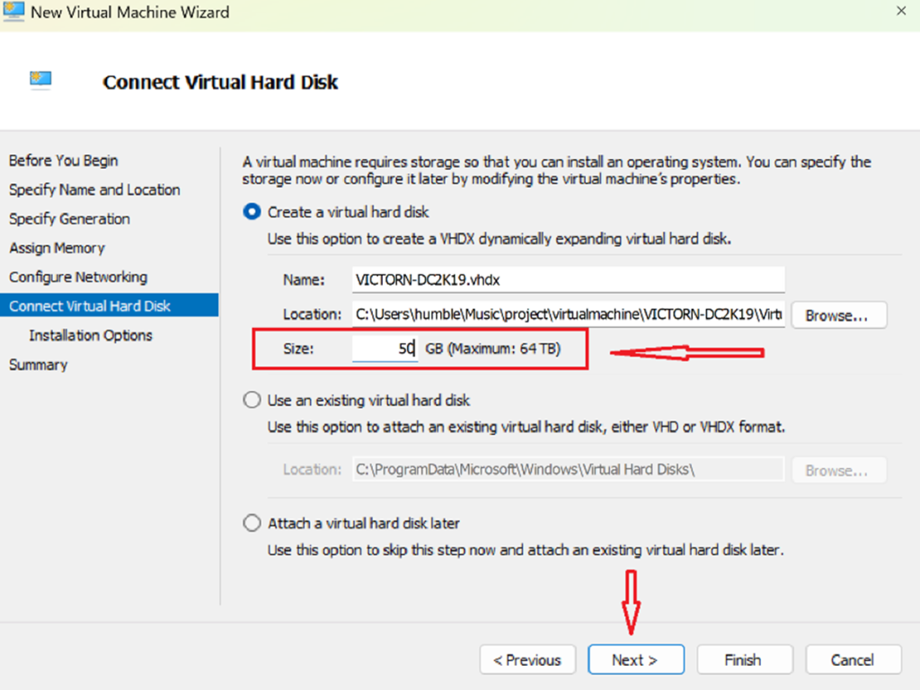 Screenshot: Create a new virtual hard disk (40 GB or more)