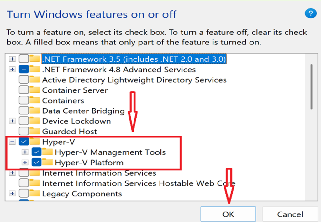 Screenshot: Enable Hyper‑V through Control Panel → Programs and Features → Turn Windows features on or off → Hyper‑V (screenshot 5)