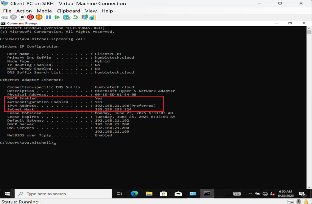 Screenshot: Confirm the client received an IP from the DHCP scope (screenshot 5)