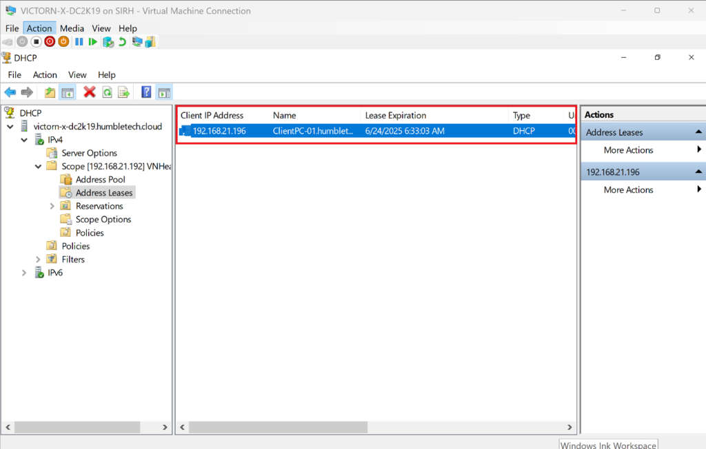 Screenshot: Confirm the client received an IP from the DHCP scope (screenshot 6)