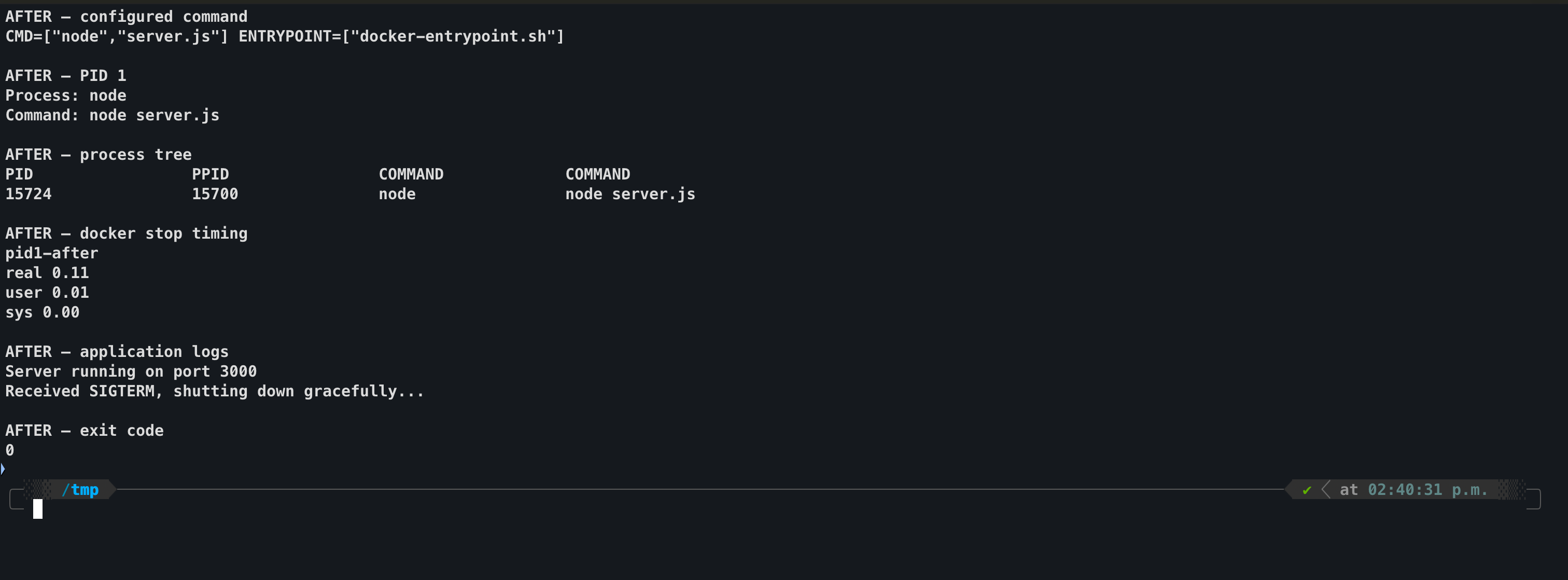 Terminal showing Node.js as PID 1, docker stop completing in 0.11 seconds, the application handling SIGTERM, and exit code 0