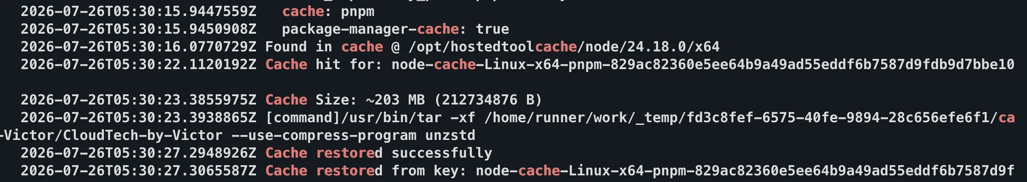 GitHub Actions workflow log showing an exact pnpm cache hit followed by a successful restore from the primary key
