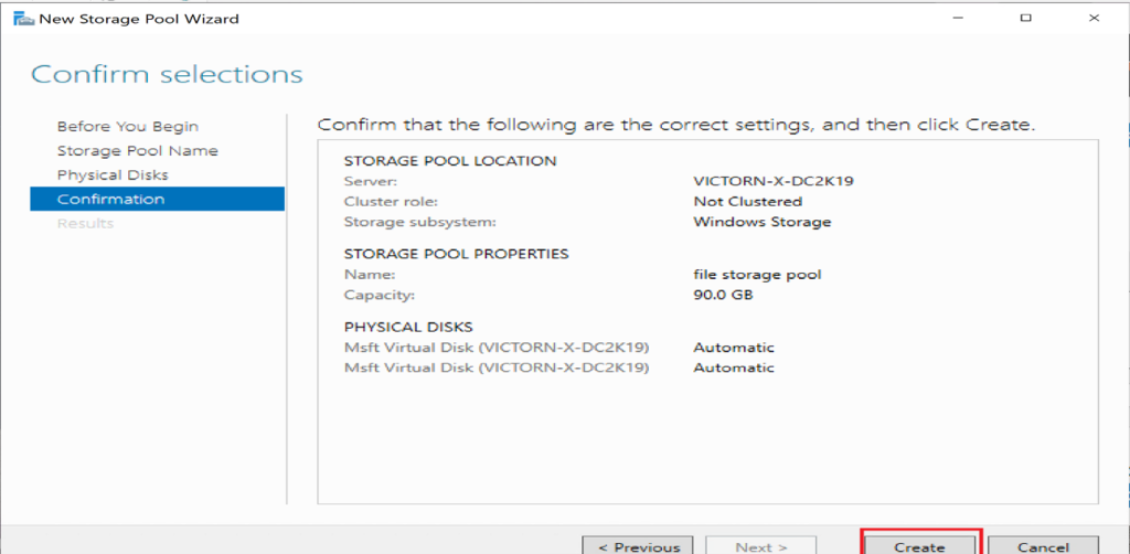 Screenshot: Click Create to finalize the storage pool (screenshot 6)