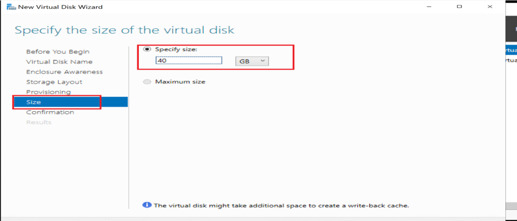 Screenshot: Set the disk size and complete the wizard to create the virtual disk (screenshot 3)