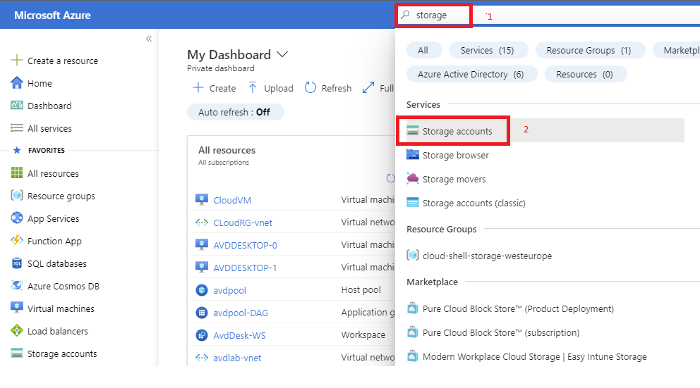 Screenshot: Under Azure services, select Storage account or search for Storage and select the Storage accounts
