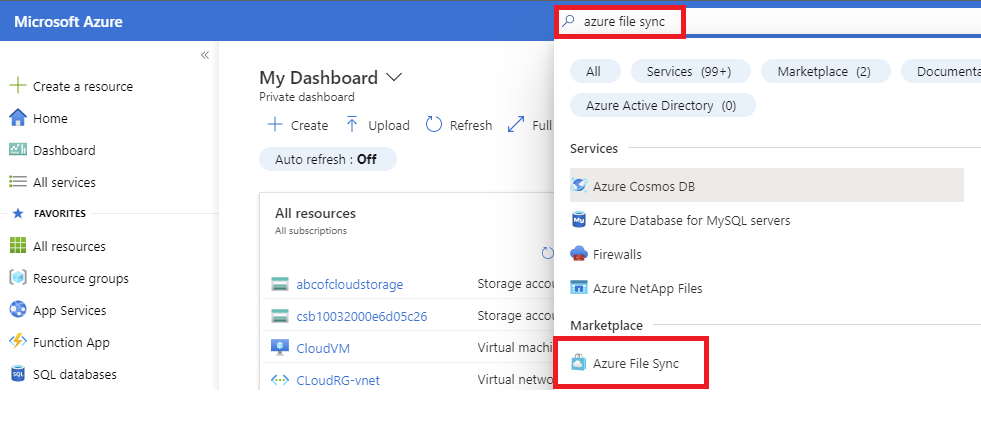 Screenshot: In the search results, select Azure File Sync
